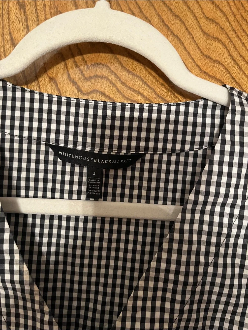 2 White House Black Market Black and White Gingham Bell Sleeve Top